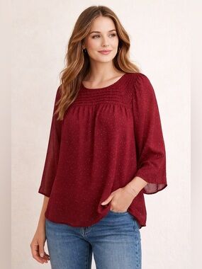 LC Lauren Conrad Burgundy Sheer Blouse | Pintuck Detail | Romantic Boho Top |
